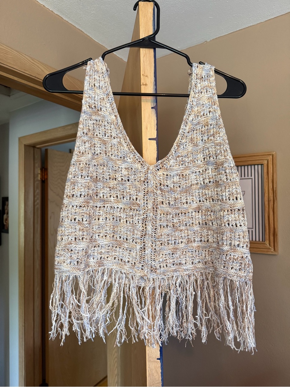Boho Crochet Fringe Tank Top - Neutral Beige/Cream